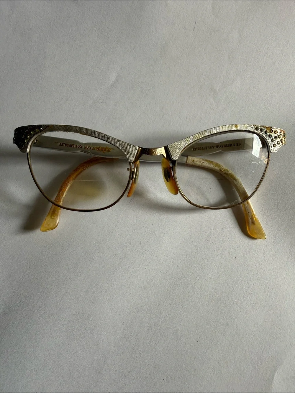 Vintage 1950s ARTCRAFT Cat Eye Eyeglasses Rhinestone Aluminum USA 4¼-5½